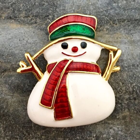 Awwww Smiling Snowman Enamel Vintage Brooch 1041 - Picture 1 of 5
